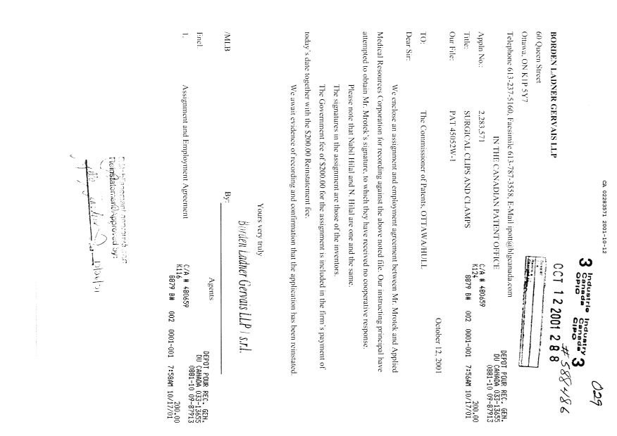Canadian Patent Document 2283571. Correspondence 20011012. Image 1 of 14