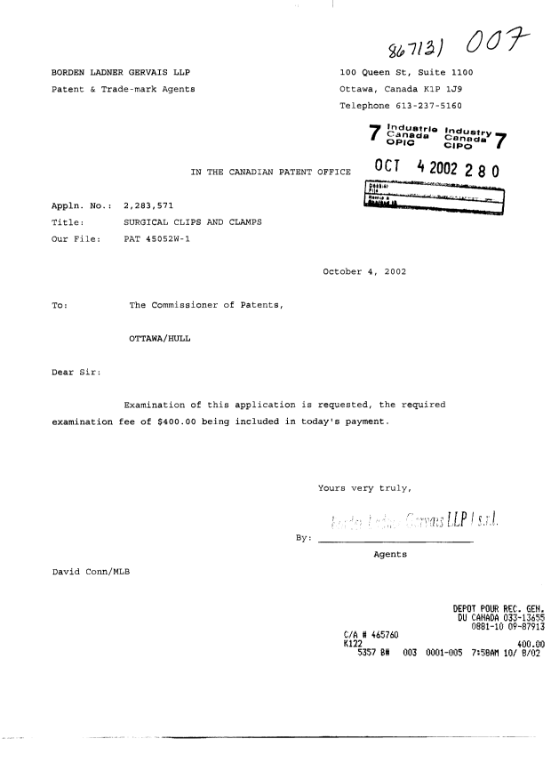 Canadian Patent Document 2283571. Prosecution-Amendment 20011204. Image 1 of 1