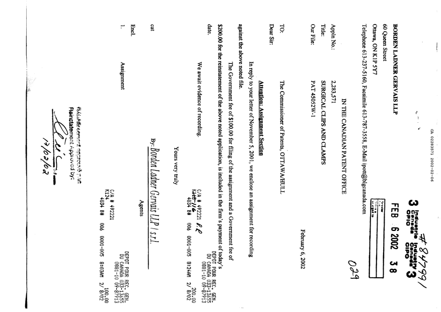 Canadian Patent Document 2283571. Correspondence 20011206. Image 1 of 2