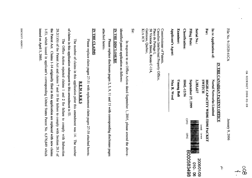 Canadian Patent Document 2283627. Prosecution-Amendment 20060109. Image 1 of 19