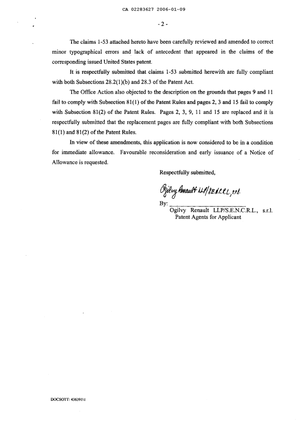 Canadian Patent Document 2283627. Prosecution-Amendment 20060109. Image 2 of 19