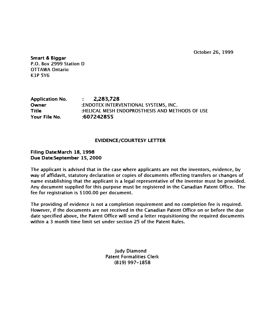 Canadian Patent Document 2283728. Correspondence 19991020. Image 1 of 1