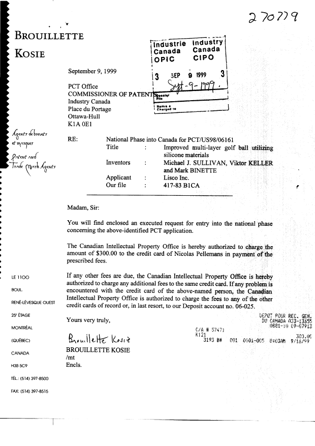 Document de brevet canadien 2283790. Cession 19990909. Image 1 de 3
