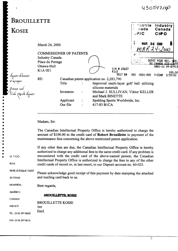 Document de brevet canadien 2283790. Taxes 20000324. Image 1 de 1