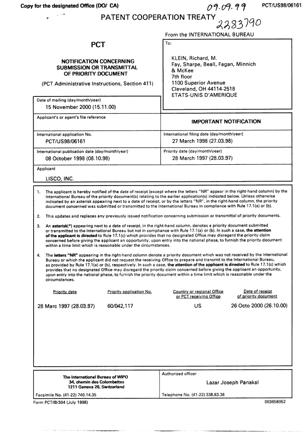 Document de brevet canadien 2283790. PCT 20001115. Image 1 de 1