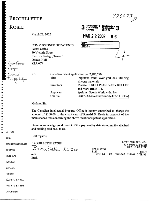 Document de brevet canadien 2283790. Taxes 20020322. Image 1 de 1