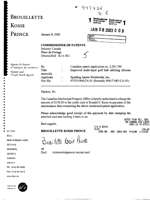Document de brevet canadien 2283790. Taxes 20030108. Image 1 de 1