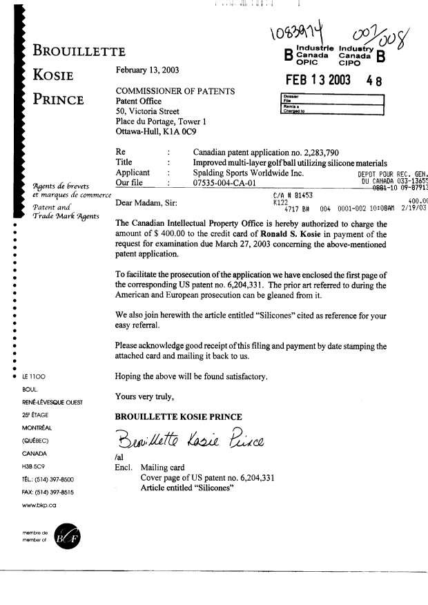 Document de brevet canadien 2283790. Poursuite-Amendment 20030213. Image 1 de 1