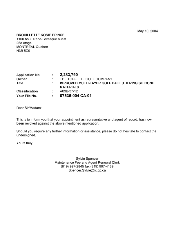 Document de brevet canadien 2283790. Correspondance 20040510. Image 1 de 1