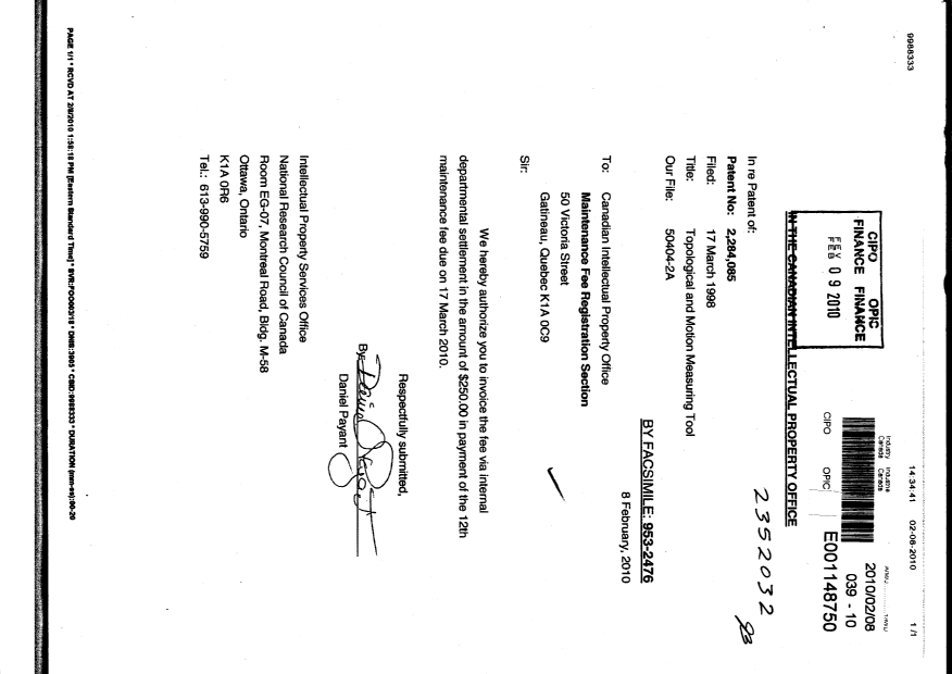 Document de brevet canadien 2284085. Taxes 20091208. Image 1 de 1