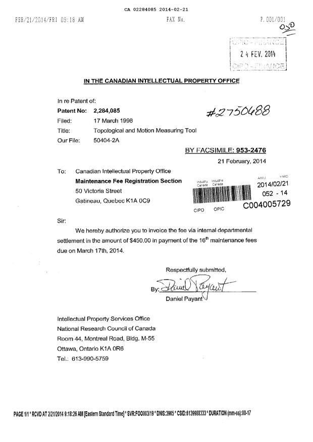 Document de brevet canadien 2284085. Taxes 20131221. Image 1 de 1