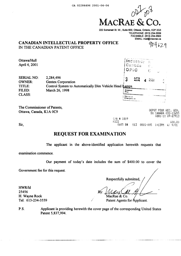 Canadian Patent Document 2284496. Prosecution-Amendment 20010404. Image 1 of 1