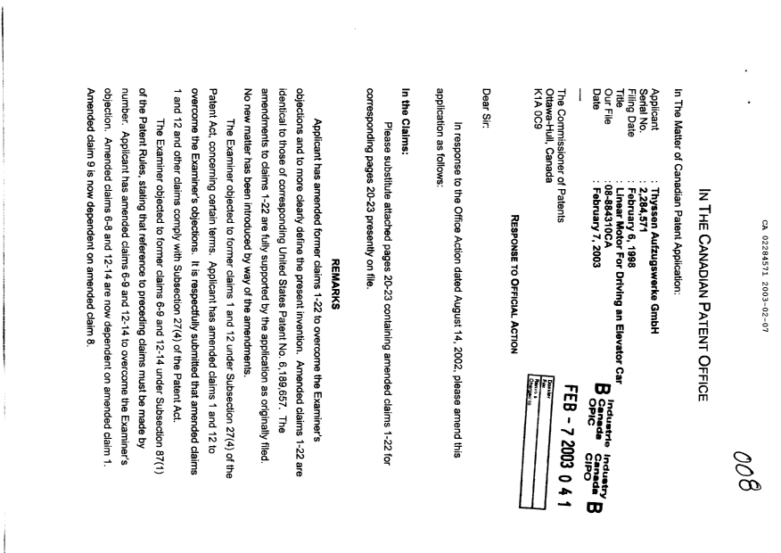 Canadian Patent Document 2284571. Prosecution-Amendment 20030207. Image 1 of 6