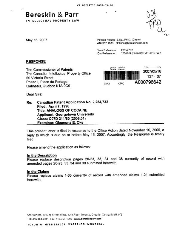 Canadian Patent Document 2284732. Prosecution-Amendment 20061216. Image 1 of 21