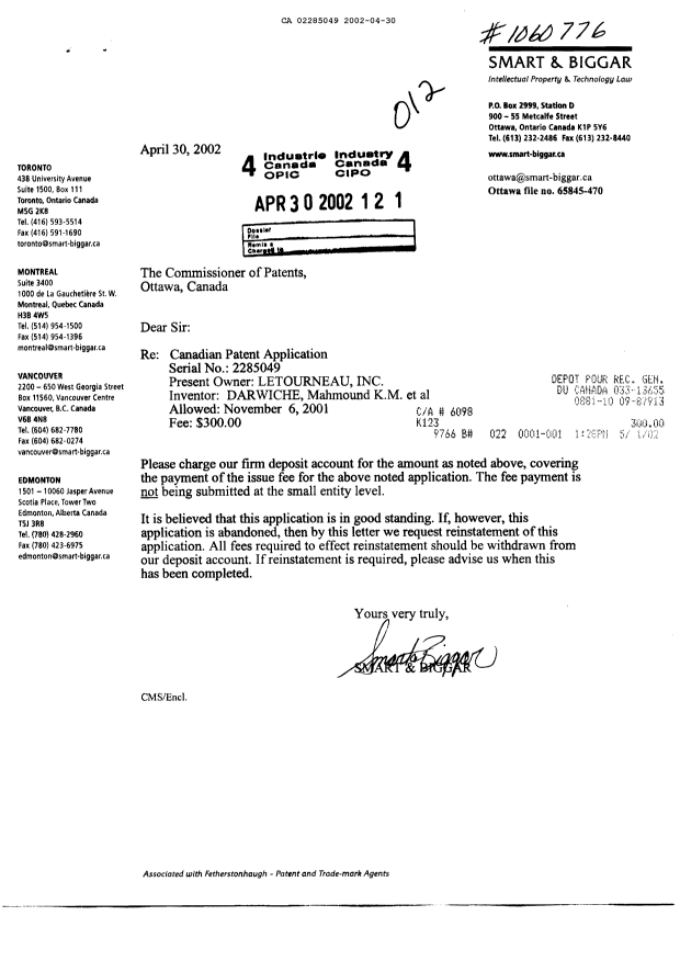 Document de brevet canadien 2285049. Correspondance 20020430. Image 1 de 1