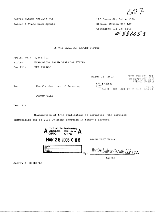 Document de brevet canadien 2285211. Poursuite-Amendment 20030326. Image 1 de 1