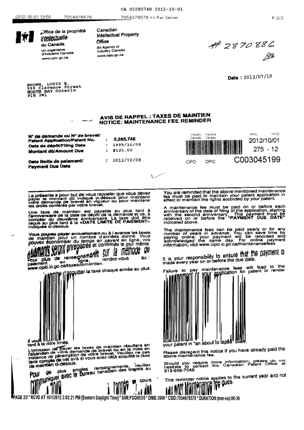 Canadian Patent Document 2285748. Fees 20111201. Image 1 of 1