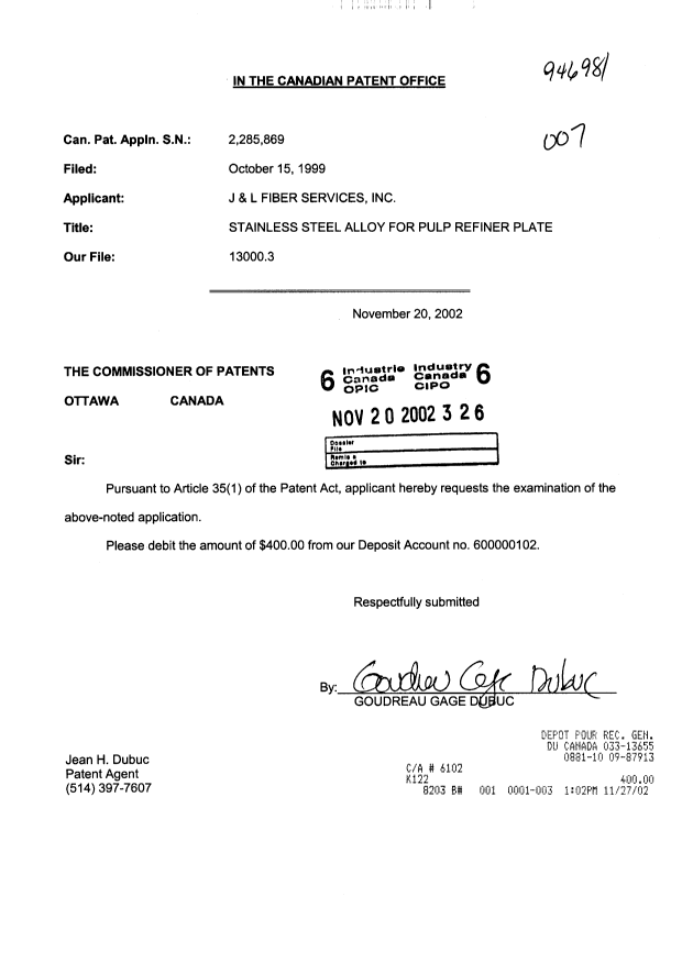 Document de brevet canadien 2285869. Poursuite-Amendment 20021120. Image 1 de 1