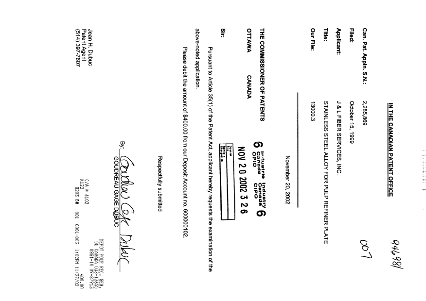 Canadian Patent Document 2285869. Prosecution-Amendment 20021120. Image 1 of 1