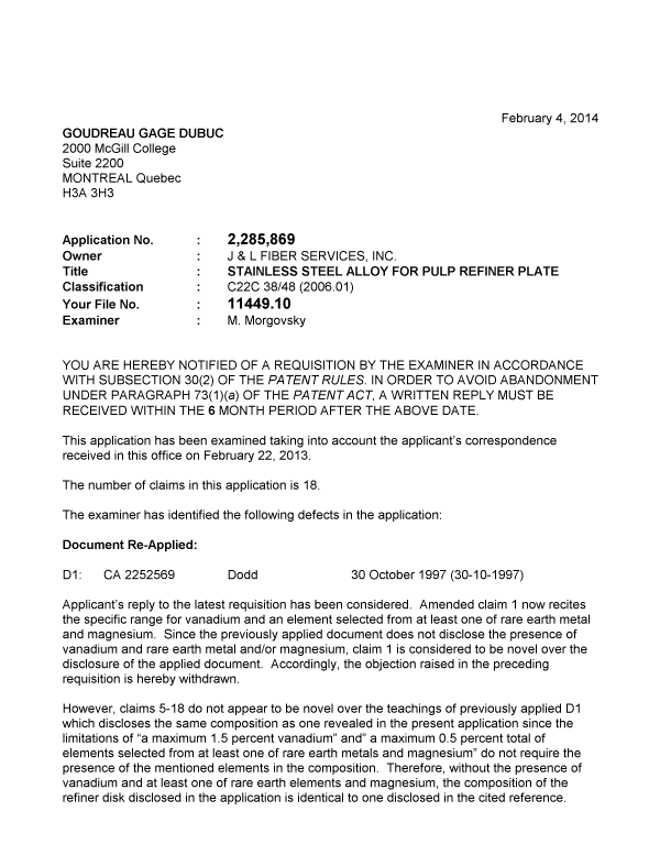Canadian Patent Document 2285869. Prosecution-Amendment 20140204. Image 1 of 2