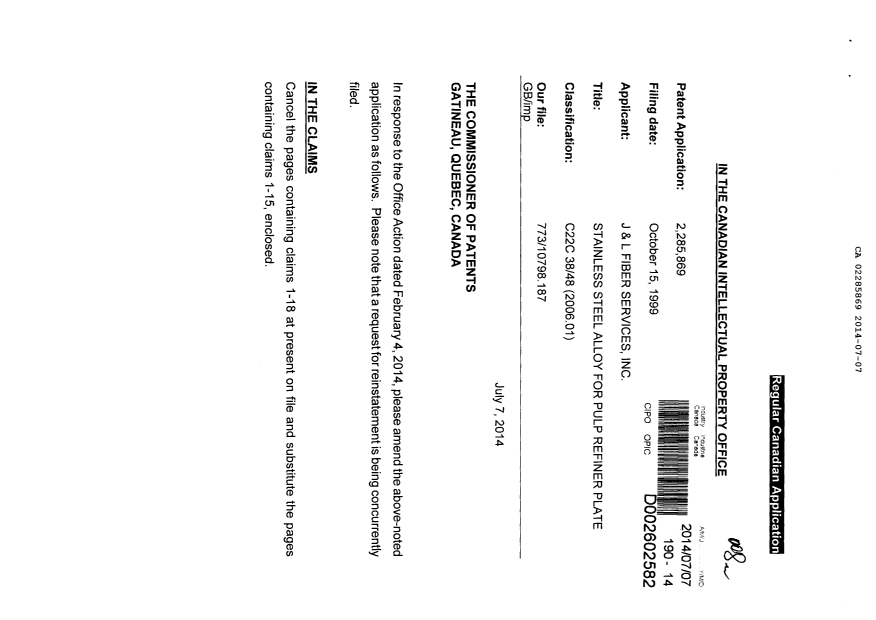 Canadian Patent Document 2285869. Prosecution-Amendment 20140707. Image 1 of 8