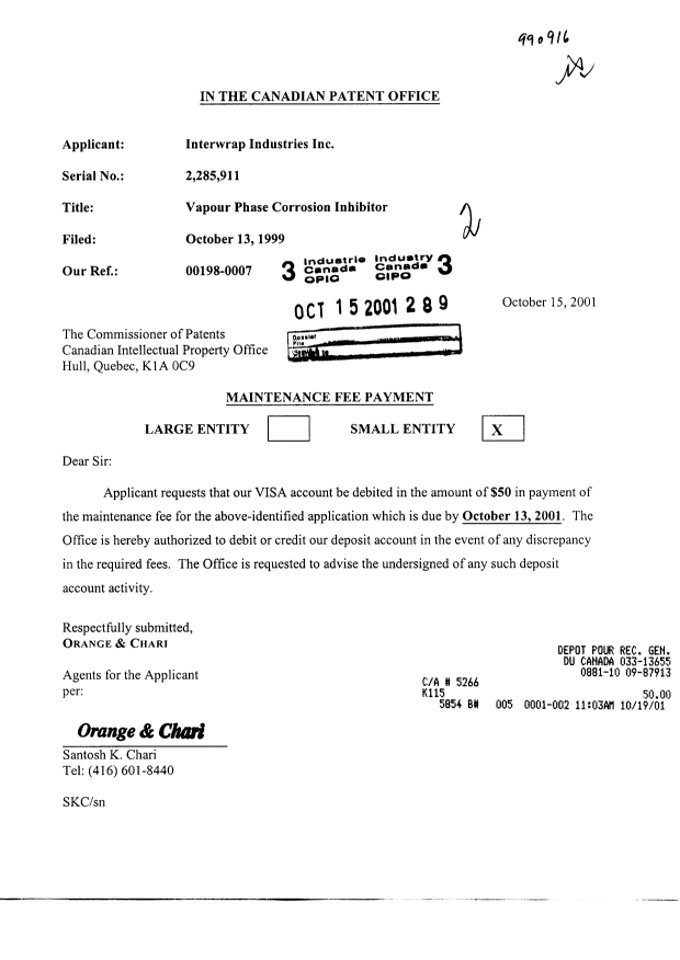 Document de brevet canadien 2285911. Taxes 20011015. Image 1 de 1