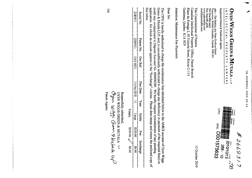 Canadian Patent Document 2285911. Fees 20101013. Image 1 of 1