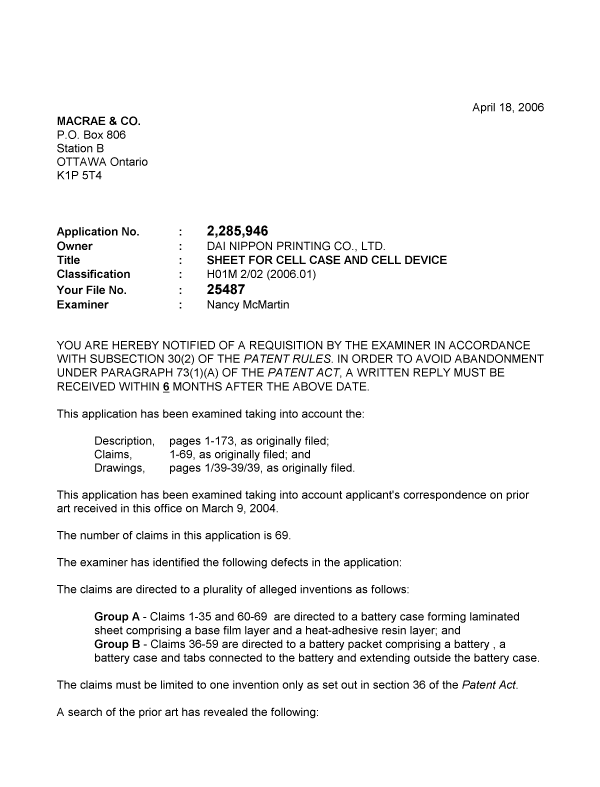 Canadian Patent Document 2285946. Prosecution-Amendment 20060418. Image 1 of 2