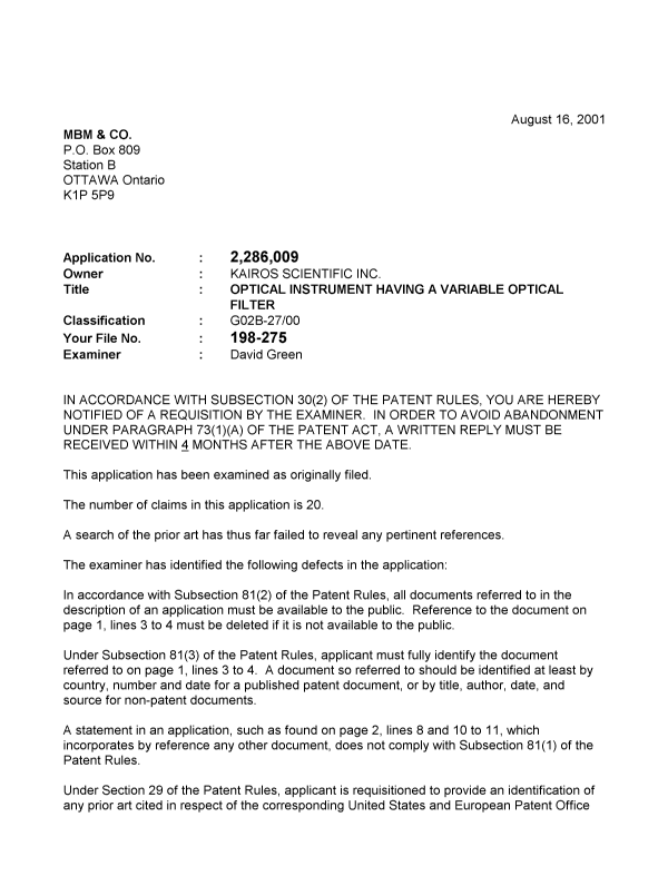 Canadian Patent Document 2286009. Prosecution-Amendment 20010816. Image 1 of 2