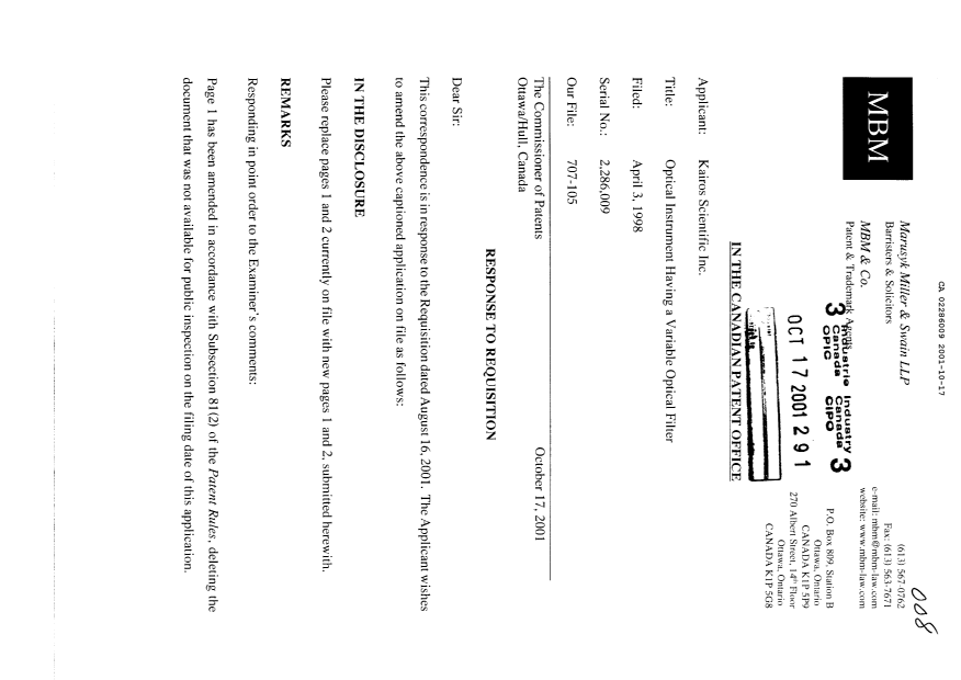 Canadian Patent Document 2286009. Prosecution-Amendment 20011017. Image 1 of 4