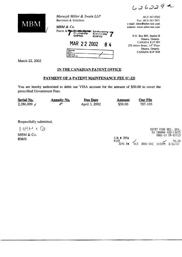 Document de brevet canadien 2286009. Taxes 20020322. Image 1 de 1