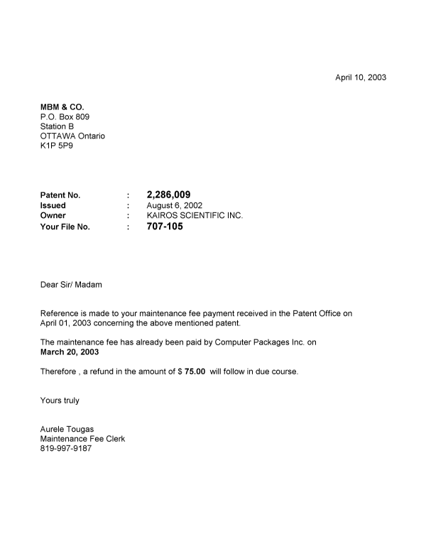 Canadian Patent Document 2286009. Correspondence 20030410. Image 1 of 1