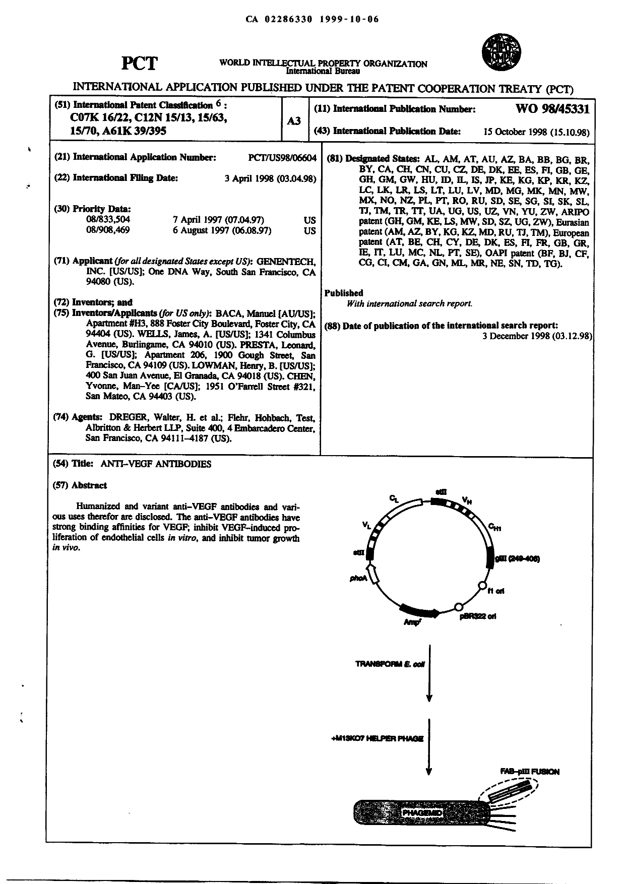 Document de brevet canadien 2286330. Abrégé 19981206. Image 1 de 1