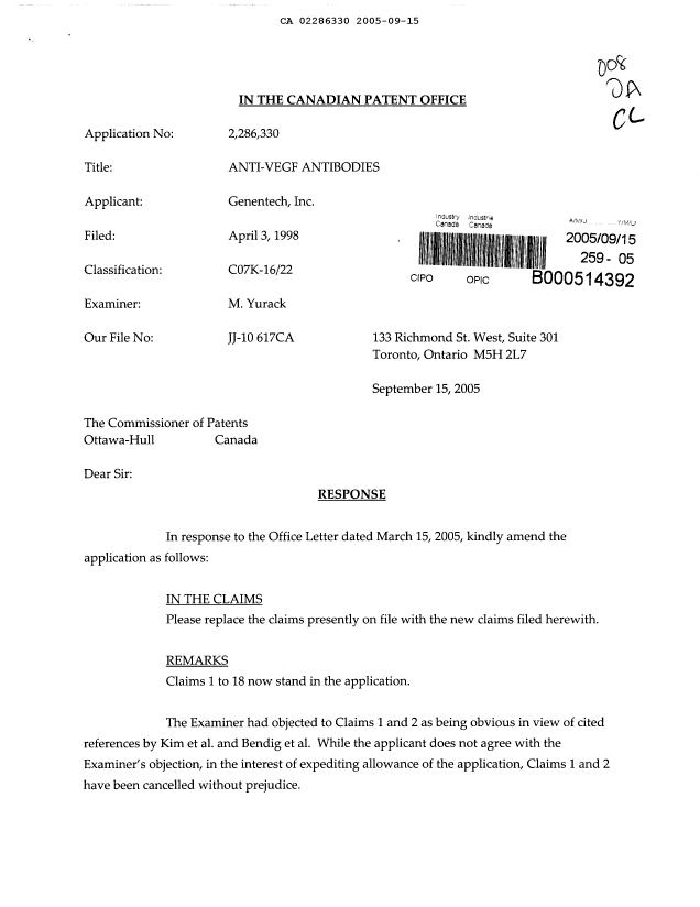 Canadian Patent Document 2286330. Prosecution-Amendment 20041215. Image 1 of 5