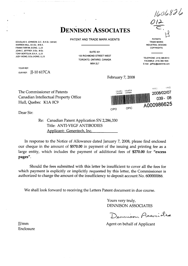 Canadian Patent Document 2286330. Correspondence 20071207. Image 1 of 1