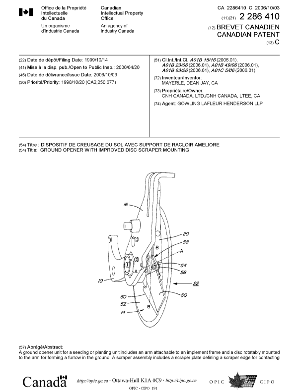 Document de brevet canadien 2286410. Page couverture 20060906. Image 1 de 2
