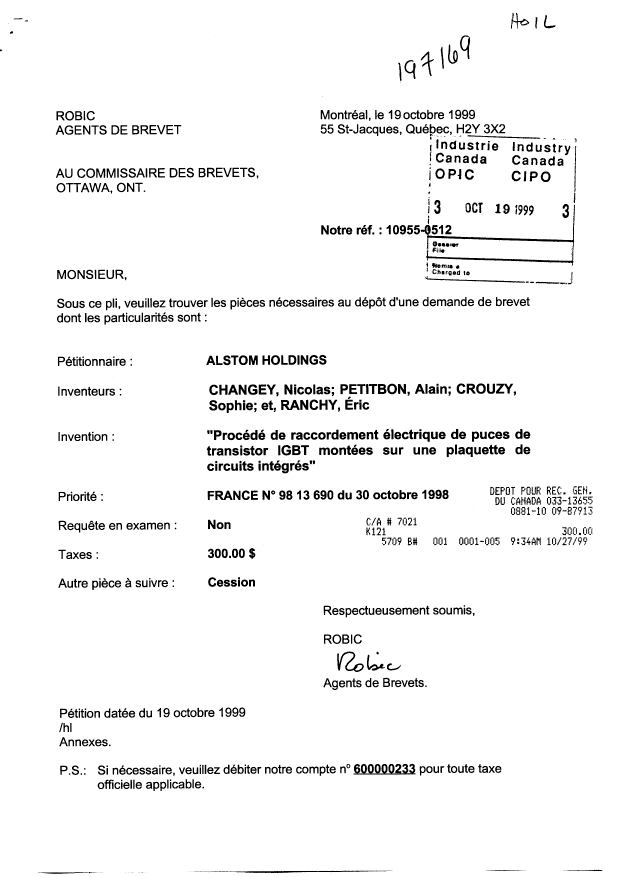 Document de brevet canadien 2286433. Cession 19991019. Image 1 de 3