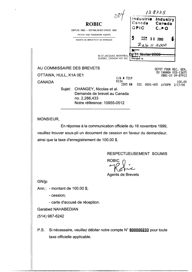 Document de brevet canadien 2286433. Cession 20000211. Image 1 de 2
