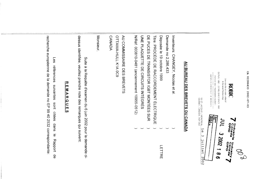 Canadian Patent Document 2286433. Prosecution-Amendment 20020703. Image 1 of 2