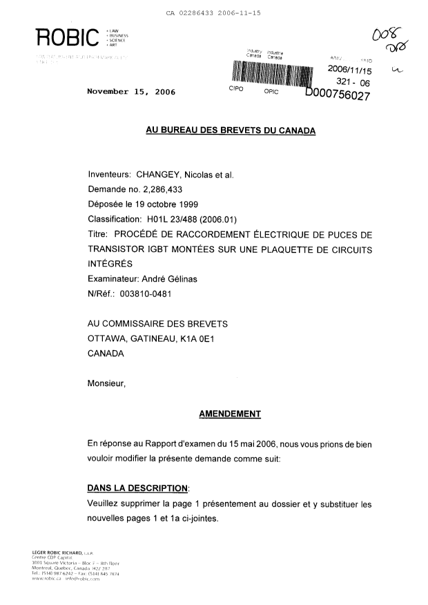 Canadian Patent Document 2286433. Prosecution-Amendment 20061115. Image 1 of 10