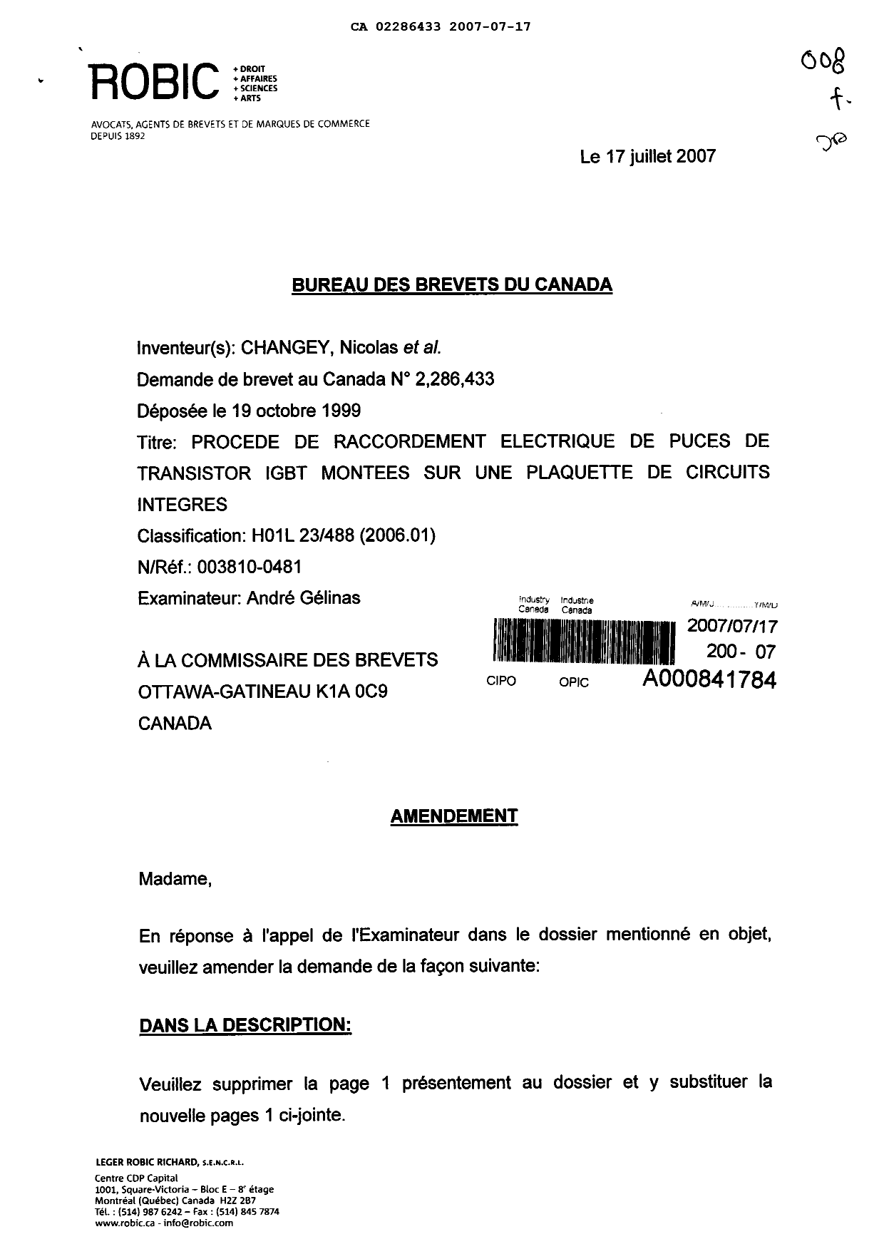Canadian Patent Document 2286433. Prosecution-Amendment 20070717. Image 1 of 5
