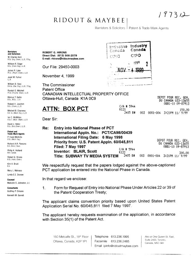 Document de brevet canadien 2286794. Cession 19991104. Image 1 de 8