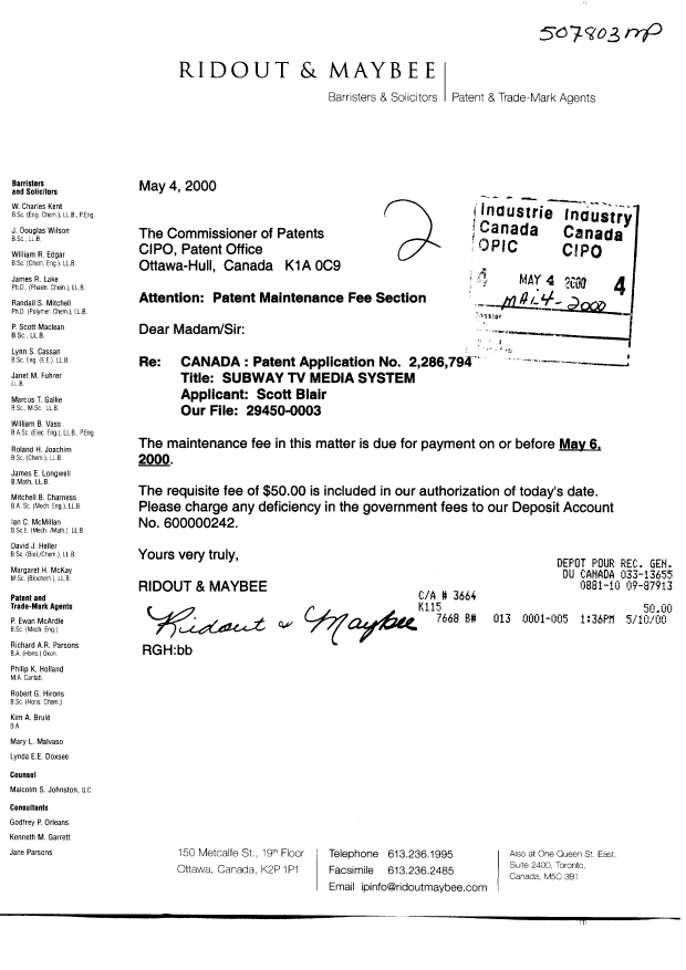 Document de brevet canadien 2286794. Taxes 20000504. Image 1 de 1