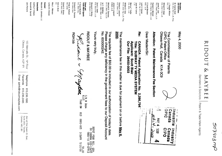 Document de brevet canadien 2286794. Taxes 20000504. Image 1 de 1