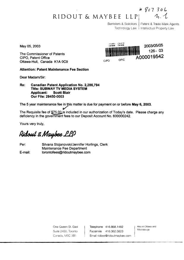 Canadian Patent Document 2286794. Fees 20021205. Image 1 of 1