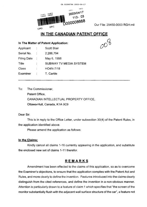 Canadian Patent Document 2286794. Prosecution-Amendment 20021217. Image 1 of 6