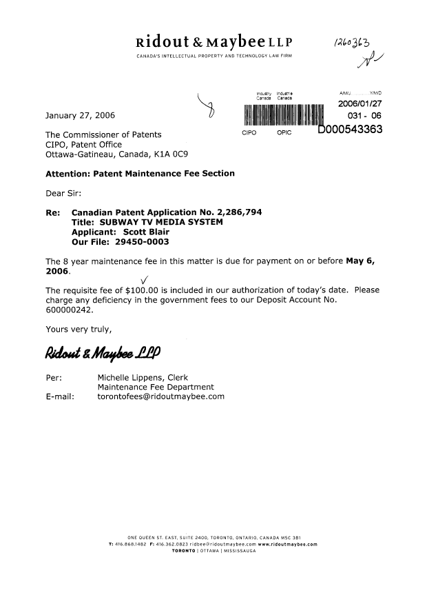 Canadian Patent Document 2286794. Fees 20051227. Image 1 of 1