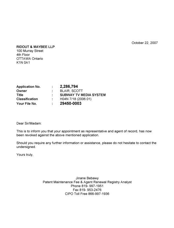 Canadian Patent Document 2286794. Correspondence 20061222. Image 1 of 1