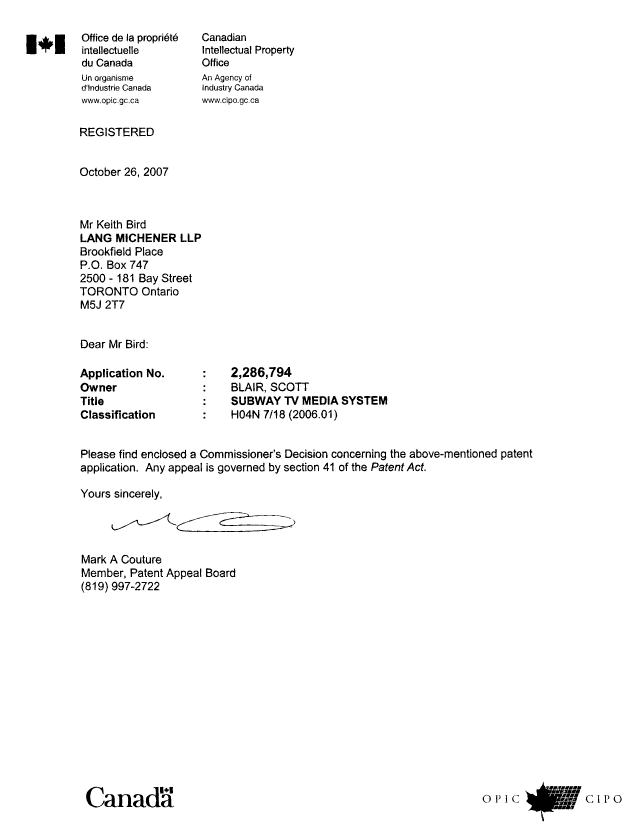 Canadian Patent Document 2286794. Correspondence 20061226. Image 1 of 1