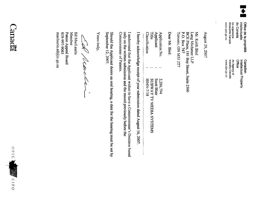Document de brevet canadien 2286794. Correspondance 20061229. Image 1 de 1